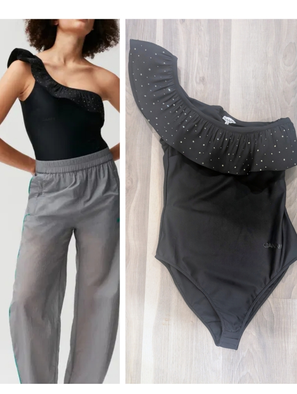 GANNI | Ruffled Rhinestone One-Shoulder Bodysuit In Black